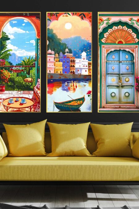 Set of Three large Wall Paintings for Wall Dacoration Golden Framed Wall Paintings for Living Room & Bedroom Wall Art for Home Decoration & Office Wall Décor (14x11 inch CH-LGD3-2)